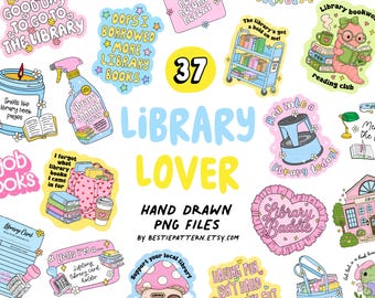 Library Lover PNG Bundle digital files and Clipart for designs, stickers sublimation Retro Bookish Pastel, Bookmark, Reader, Librarian