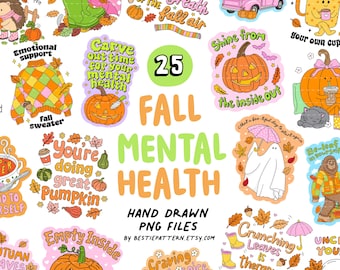 Fall Mental Health PNG bundle, Autumn and spooky clipart, digital files for stickers, positive affirmations, anxiety Halloween sublimation