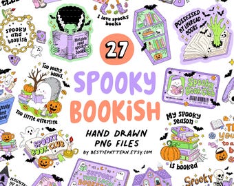 Spooky Bookish PNG bundle, clipart and digital files for Halloween stickers books and haunted reader ghost sublimation