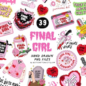 Puede incluir: Una colección de pegatinas digitales con ilustraciones de terror en rosa, rojo y negro. Los diseños incluyen una chaqueta universitaria manchada de sangre, una cinta VHS, una vela, un cuchillo con un lazo rosa, una lápida y corazones con texto.
