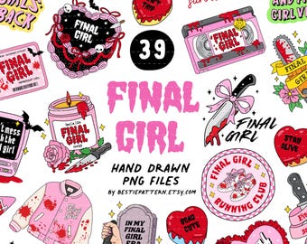 Final Girl PNG Bundle Horror Movie digital files and Halloween designs, stickers sublimation, 80s Horror,  90s Horror, VHS