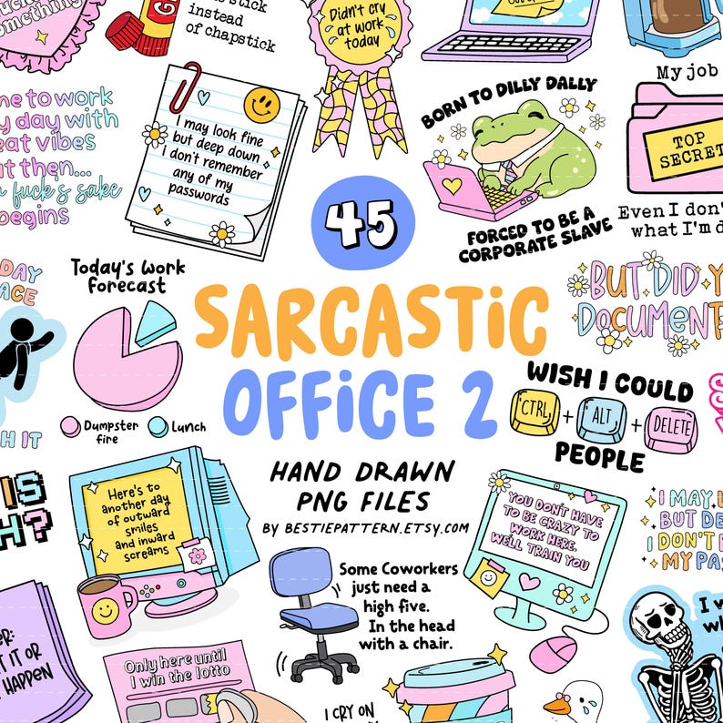 Puede incluir: Una colorida impresi&oacute;n de arte digital titulada "Sarcastic Office 2" con varias ilustraciones con tem&aacute;tica de oficina. El dise&ntilde;o incluye una rana usando una computadora port&aacute;til, un gr&aacute;fico circular y elementos de texto humor&iacute;sticos.