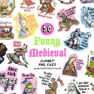 Pakiet PNG ze średniowieczem, zabawne, sarkastyczne kliparty Medievalcore i pliki cyfrowe do naklejek i sublimacji, Ren Faire, Renesans