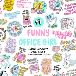 以下が含まれることがあります： 「Funny Office Girl」をテーマにした、手描きのカラフルなPNGファイルコレクション。画像には、「I'm not bored it's just my resting meeting face」や「Someone weird coworker」などのフレーズが書かれた様々なステッカーが写っています。