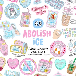 May include: A digital art print featuring various illustrations with the theme of abolishing ICE. The design includes text, hearts, and cartoon images of ice cubes, a juice box, and a video camera. The words "Abolish ICE" are prominently displayed.