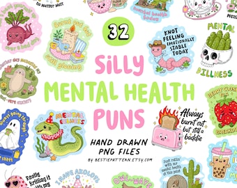 Mental Health Puns PNG Bundle funny and sarcastic digital files clipart for designs, stickers, sublimation, quotes, anxiety