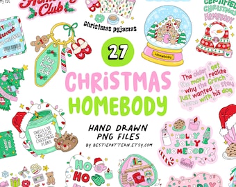 Christmas Homebody PNG bundle, Christmas clipart and digital files for stickers, holiday season hand drawn sublimation, winter, introvert