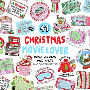 Pode incluir: Uma coleção de arquivos PNG desenhados à mão com tema natalino. O design inclui vários elementos, como um sinal de maratona de filmes de Natal, pipocas, um suéter aconchegante e uma caneca de chocolate quente. O texto "Christmas Movie Lover" é exibido em destaque.