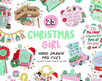 Christmas Girl PNG bundle, Christmas clipart and digital files for stickers, holiday season hand drawn sublimation, winter, pink