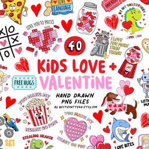 Kinderen Valentine woordspelingen bundel PNG sublimatie clipart corny quotes grappige baby digitale bestanden Valentijnsdag retro set dinosaurus dino stelen harten