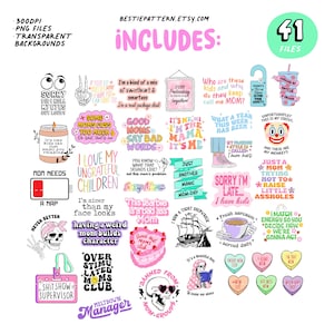 May include: A set of 41 digital clipart images featuring colorful illustrations and text related to motherhood. The images include phrases like "I love my ungrateful children", "This Barbie is a bad ass mom", and "Just another manic mom-day".