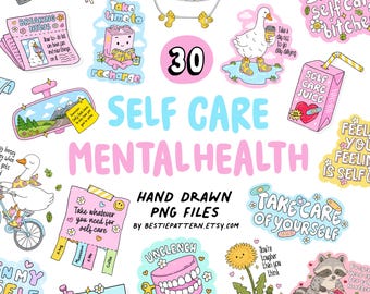 Self Care Mental Health PNG Bundle Funny digital files and clipart for designs, stickers, sublimation, quotes, anxiety, positive affirmation