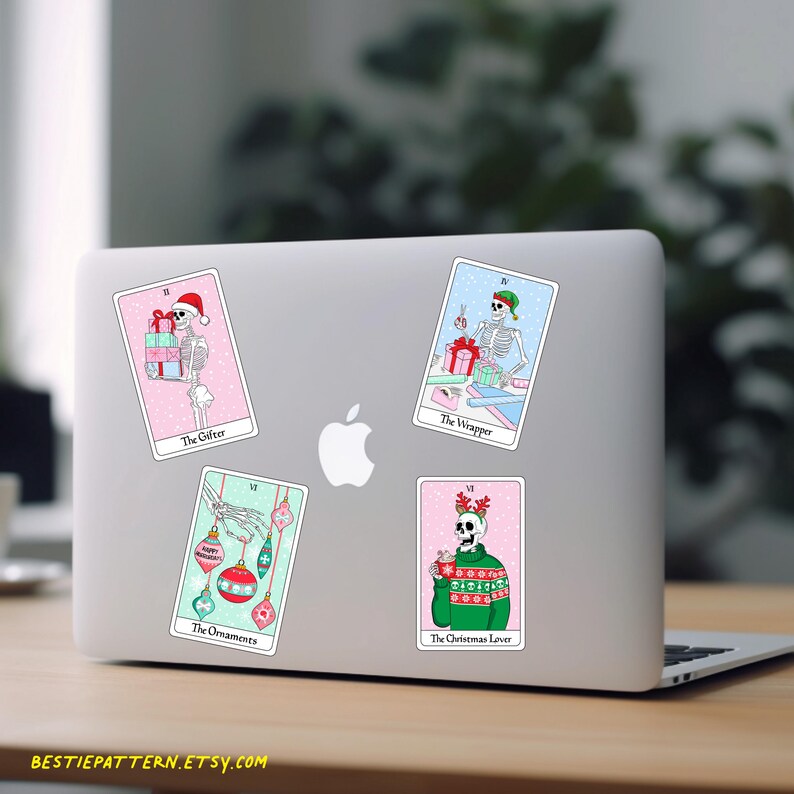 May include: Four illustrated cards featuring a skeleton in various Christmas-themed activities. The cards are titled "The Gifter", "The Wrapper", "The Ornaments", and "The Christmas Lover".