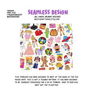 May include: A seamless pattern design featuring a variety of 80s and 90s toys and characters, including Care Bears, My Little Pony, Transformers, and Play-Doh. The design is on a white background with yellow stars.