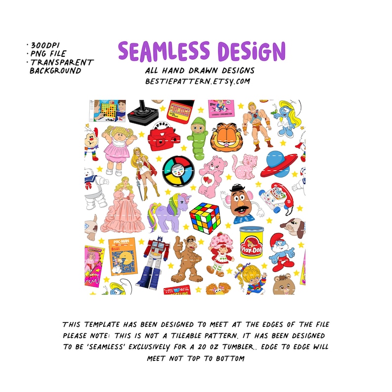 May include: A seamless pattern design featuring a variety of 80s and 90s toys and characters, including Care Bears, My Little Pony, Transformers, and Play-Doh. The design is on a white background with yellow stars.