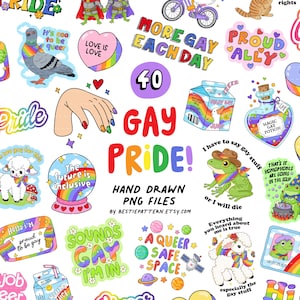 May include: A collection of colorful digital stickers featuring various illustrations including a pigeon, a frog, lambs, a crystal ball, and milk cartons, all incorporating rainbow motifs and text such as "Gay Pride," "Love is Love," and "Proud Ally."