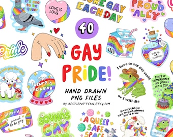 ゲイプライドPNGバンドルデジタルファイルとクィアクリップアートデザイン、ステッカー昇華、LGBTQ、レインボー、引用、フルーツ