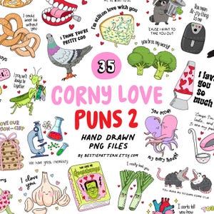 May include: A selection of hand-drawn PNG files with pun-based illustrations. The designs include food puns, science puns, and other humorous graphics with the text "Corny Love Puns 2".