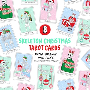 Weihnachtsskelett Tarot Karten PNG Bundle Skeleton Clipart Sublimation Digitale Dateien Hand gezeichneter sarkastischer Skelett-Urlaub-Set-Aufkleber