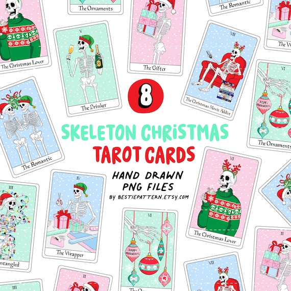 Christmas Skeleton Tarot Cards PNG Bundle Skeleton Clipart Sublimation Digital Files Hand Drawn Sarcastic Skeleton Holiday Set Sticker