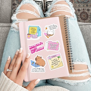Puede incluir: Un cuaderno rosa con varias pegatinas, incluyendo un carpincho trabajando en un port&aacute;til y el texto: "I don't always work, but when I do I make sure my boss is around." Un cuaderno de espiral est&aacute; al lado.