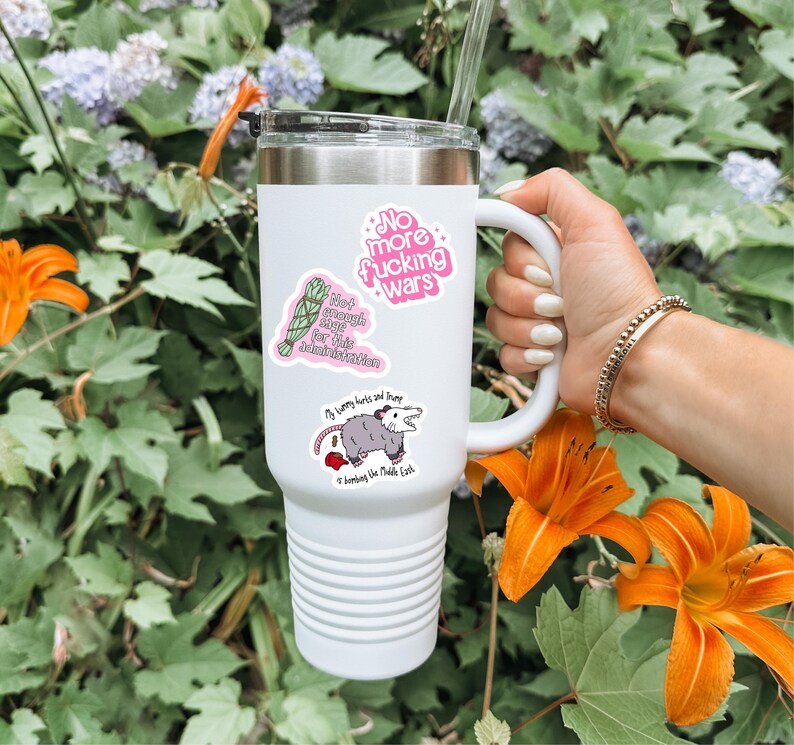 以下が含まれることがあります： シルバーの縁、ハンドル、蓋が付いた白い断熱タンブラー。タンブラーには、テキスト「No more fucking wars」のステッカー1枚、セージバンドルとテキスト「Not enough sage for this administration」のステッカー1枚、オポッサムとテキスト「My tummy hurts and Trump is bombing the Middle Earth」のステッカー1枚が付いています。