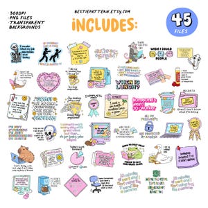 Puede incluir: Una colecci&oacute;n de 45 archivos PNG con fondos transparentes, con pegatinas digitales humor&iacute;sticas con tem&aacute;tica de oficina. Las pegatinas incluyen frases como "&iquest;Cu&aacute;ndo es la hora del almuerzo?" y "Arch&iacute;valo bajo j&oacute;dete".