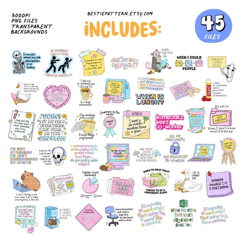 Puede incluir: Una colecci&oacute;n de 45 archivos PNG con fondos transparentes, con pegatinas digitales humor&iacute;sticas con tem&aacute;tica de oficina. Las pegatinas incluyen frases como "&iquest;Cu&aacute;ndo es la hora del almuerzo?" y "Arch&iacute;valo bajo j&oacute;dete".