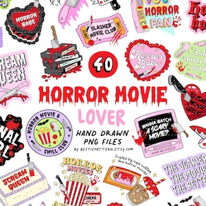 Puede incluir: Una colección de archivos PNG dibujados a mano con temática de películas de terror. El diseño incluye cuchillos, palomitas de maíz, cintas VHS y el texto "Horror Movie Lover". La paleta de colores es roja, rosa y negra.