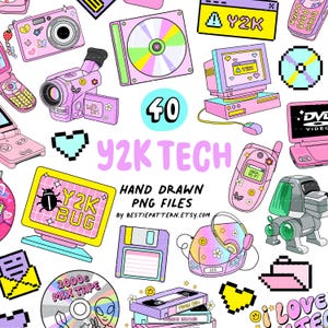 Paquete Y2K, imágenes prediseñadas PNG, diseños de sublimación, teléfono plegable del milenio de los años 2000, pegatinas de computadora retro de tecnología Y2K, conjunto de citas de fiesta rosa dibujadas a mano de los años 90