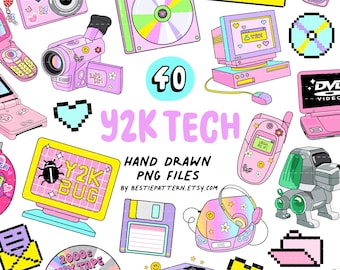 Y2K Bundle Clipart PNG Sublimation Designs 2000s Millennium Flip Phone Y2K Tech Retro Computer Stickers Hand Drawn Pink Party Quotes Set 90s