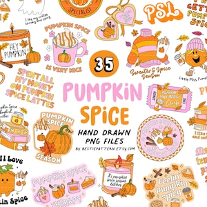 May include: A selection of hand-drawn PNG files with a pumpkin spice theme. The image showcases various illustrations, including pumpkins, coffee cups, candles, and text like "Pumpkin Spice" and "Hey Pumpkin". The colour palette includes orange, pink, and brown.