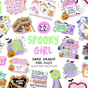 May include: A collection of 27 hand-drawn digital illustrations featuring Halloween themes including ghosts, pumpkins, skulls, and bats. The graphics include text such as Spooky Girl, Smells like spooky season, and I love being a spooky ghoul.