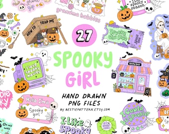 Spooky Girl PNG bundle, spooky season clipart and digital files for Halloween stickers books and haunted ghost hand drawn sublimation
