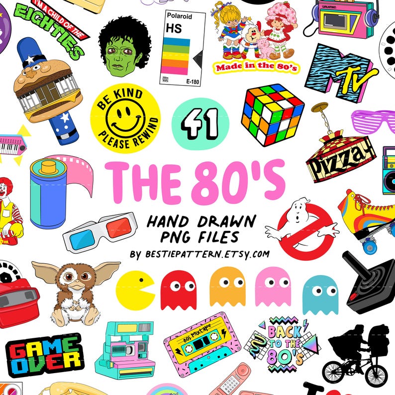May include: A collection of 41 hand-drawn 80s themed PNG files. The images include a cassette tape, a Rubik's cube, a ghost, a Pac-Man, a game over sign, a boombox, a skateboard, a pizza sign, a Polaroid camera, a smiley face, a hamburger, a ghostbuster, 3D glasses, a bike, and more.
