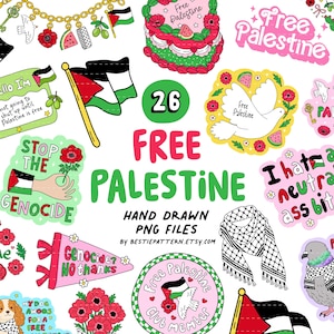 Puede incluir: Una colección de 26 pegatinas digitales dibujadas a mano con el texto Free Palestine, banderas palestinas, palomas, amapolas, sandías y patrones de kufiyya. Los gráficos incluyen varios eslóganes, un pastel en forma de corazón y una paloma.