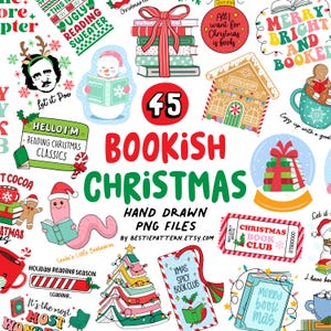 Zestaw świąteczny Bookish Miłośnik książek świątecznych Sublimacja Clipart książkowy Clipart świąteczny PNG Cytaty z książek Clipart świątecznych Śmieszne