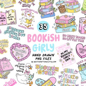 Paquete PNG de chica libresca, frases de libros, sublimación, clipart para amantes de los libros, linda pegatina de libros, coqueta divertida, chica librera rosa