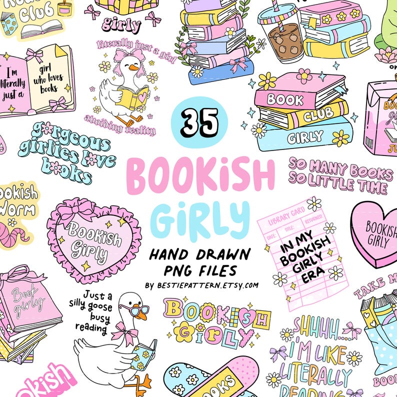 以下が含まれることがあります： 「Bookish Girly」をテーマにした手描きのPNGファイル集。本が積み重ねられたデザイン、本を読むガチョウのイラスト、そして「Book Club」や「So many books, so little time」などのテキスト要素が特徴です。