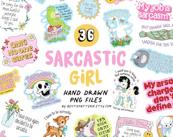 Sarcastic Girl PNG Bundle, Funny Sarcastic Clipart, Designs, stickers, sublimation, bookmark, quotes, sassy, animals, kitsch, pink, sarcasm