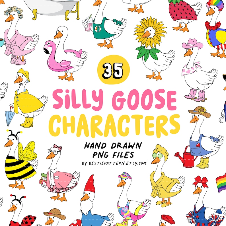 May include: 35 Silly Goose Characters - Hand Drawn PNG Files by BestiesPattern.etsy.com. A collection of 35 illustrated goose characters in various silly costumes and poses, including a goose wearing a raincoat, a goose wearing a bee costume, a goose wearing a sunflower, and a goose wearing a bathrobe.