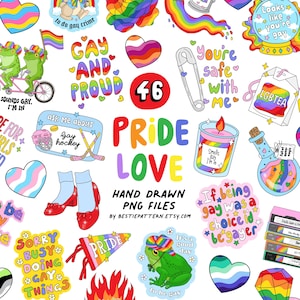 May include: A collection of 46 digital stickers featuring colorful pride-themed illustrations, including frogs on a tandem bike, hearts, a safety pin, a candle, a potion bottle, and text phrases like Pride Love, Gay and Proud, and LGBTEA.