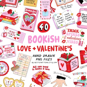 Pacchetto PNG di San Valentino Bookish San Valentino Amante dei libri Adesivi clipart a sublimazione Divertenti carini Segnalibro di San Valentino Tutto prenotato Linguaggio dell'amore