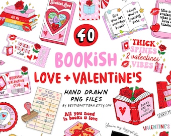 Valentine Bookish PNG Bundle Valentines Day Book Lover Sublimation Clipart Stickers Funny Cute Valentine&#39;s All Booked Bookmark Love Language