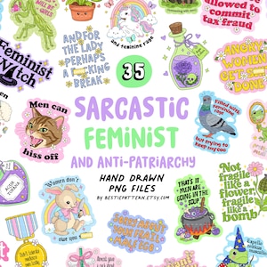 Puede incluir: Una colección de 35 pegatinas digitales con diversas ilustraciones que incluyen un gato, un conejo con un cuchillo, una paloma, un caldero y frascos de pociones, acompañadas de frases como Feminist Witch, Angry Women Get Shit Done y Aqua Tofana.