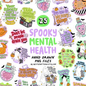 Può includere: Una collezione di 25 adesivi digitali con temi spettrali e di salute mentale, con illustrazioni disegnate a mano di fantasmi, zucche, pozioni e testi come Your anxiety can't tell the future e Spooky Mental Health PNG files.