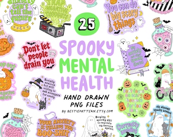 Spooky Mental Health PNG bundle, Halloween and Fall spooky season clipart, digital files for stickers, affirmations, anxiety sublimation