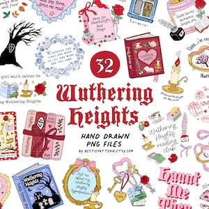 Puede incluir: Una colección de archivos PNG dibujados a mano con elementos de la novela "Cumbres Borrascosas". Las ilustraciones incluyen libros, velas, rosas y citas. El título está escrito en una fuente gótica, con el número "32".