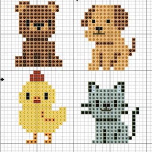 Op de afbeelding: Kruissteekpatroon met vier gepixelde dierontwerpen: een bruine beer, een bruine hond, een gele kuiken en een grijze kat. Elk dier is weergegeven in een eenvoudige, blokkerige stijl, perfect voor een beginnend knutselproject.