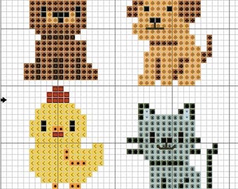 Kruissteekpatroon schattige dieren – Tiny Cat Dog Chick Bear-motieven – pdf- en jpeg-download
